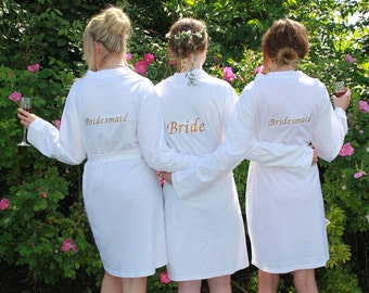 White Jersey Bridesmaid Robes, Personalised Bride Dressing Gowns, Bridesmaids Dressing Gowns, Wedding Robes, Mother of the Bride, Any Text