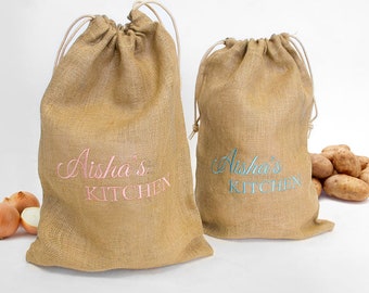 Personalisiertes Haus wärmendes Geschenk, Kartoffelsack, Kartoffelsack, Gemüsesack, Küchengeschenk, Zwiebelsack, Zwiebelsack, Jute Hessian Tasche