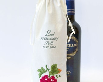 Personalised 2nd Cotton Wedding Anniversary Gift, Wine Champagne Spirit Bottle Bag, Embroidered with Initials & Date