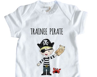 Trainee Pirate Babygrow Bodysuit, Little Pirate, Scull,  Baby Boy Clothing Vest
