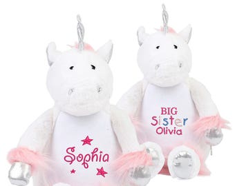 Personalised Unicorn Soft Toy, Zippie Unicorn Teddy, Unicorn Gifts for Girls