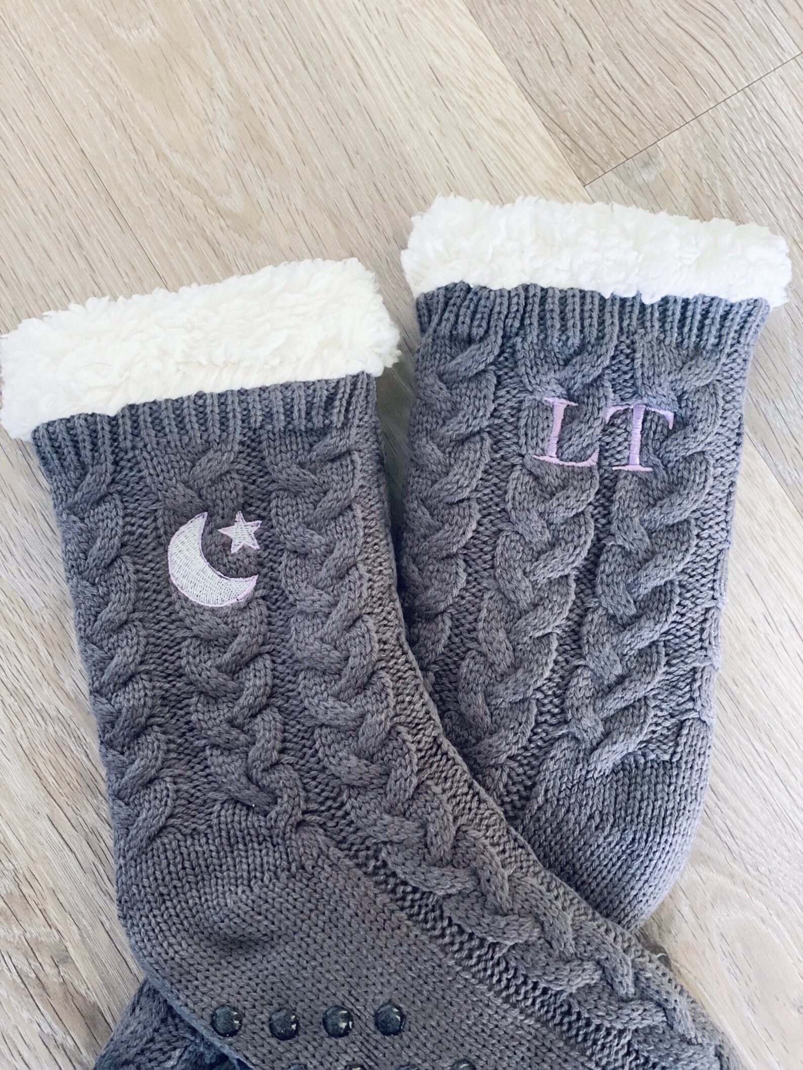 Personalised Cable Knit Slipper Socks With Fluffy Sherpa Lining and Rubber Soles, Monogrammed