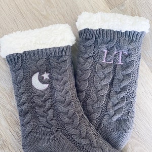 Personalised Cable Knit Slipper Socks with Fluffy Sherpa Lining and Rubber Soles, Monogrammed Slipper Socks, Womens Slipper, Loungewear image 4