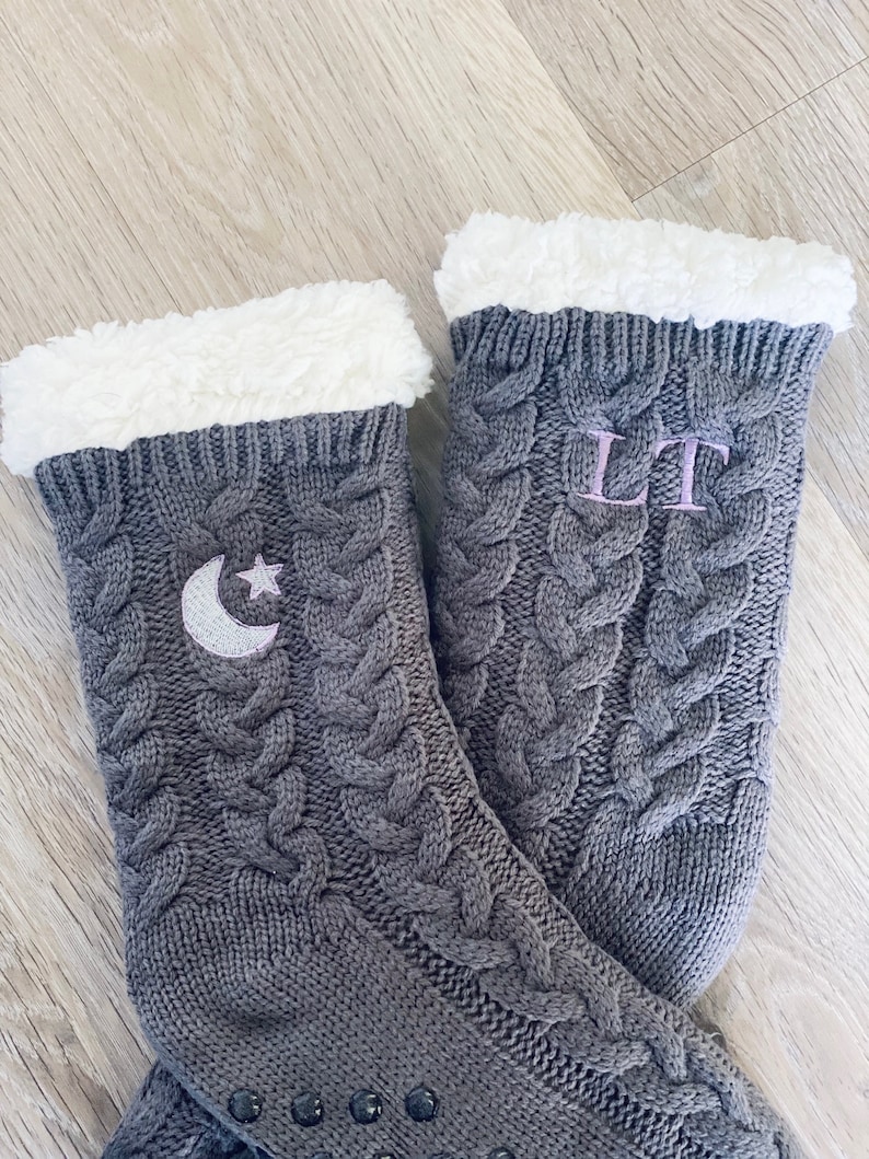 Personalised Cable Knit Slipper Socks with Fluffy Sherpa Lining and Rubber Soles, Monogrammed Slipper Socks, Womens Slipper, Loungewear image 4