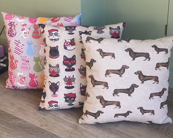 Handmade Dog, Cat Print Cushion, Cotton Mix Throw Cushion, Double Sided Printed Cushion, Living Room Decor,Removable Cover,Matching Curtains