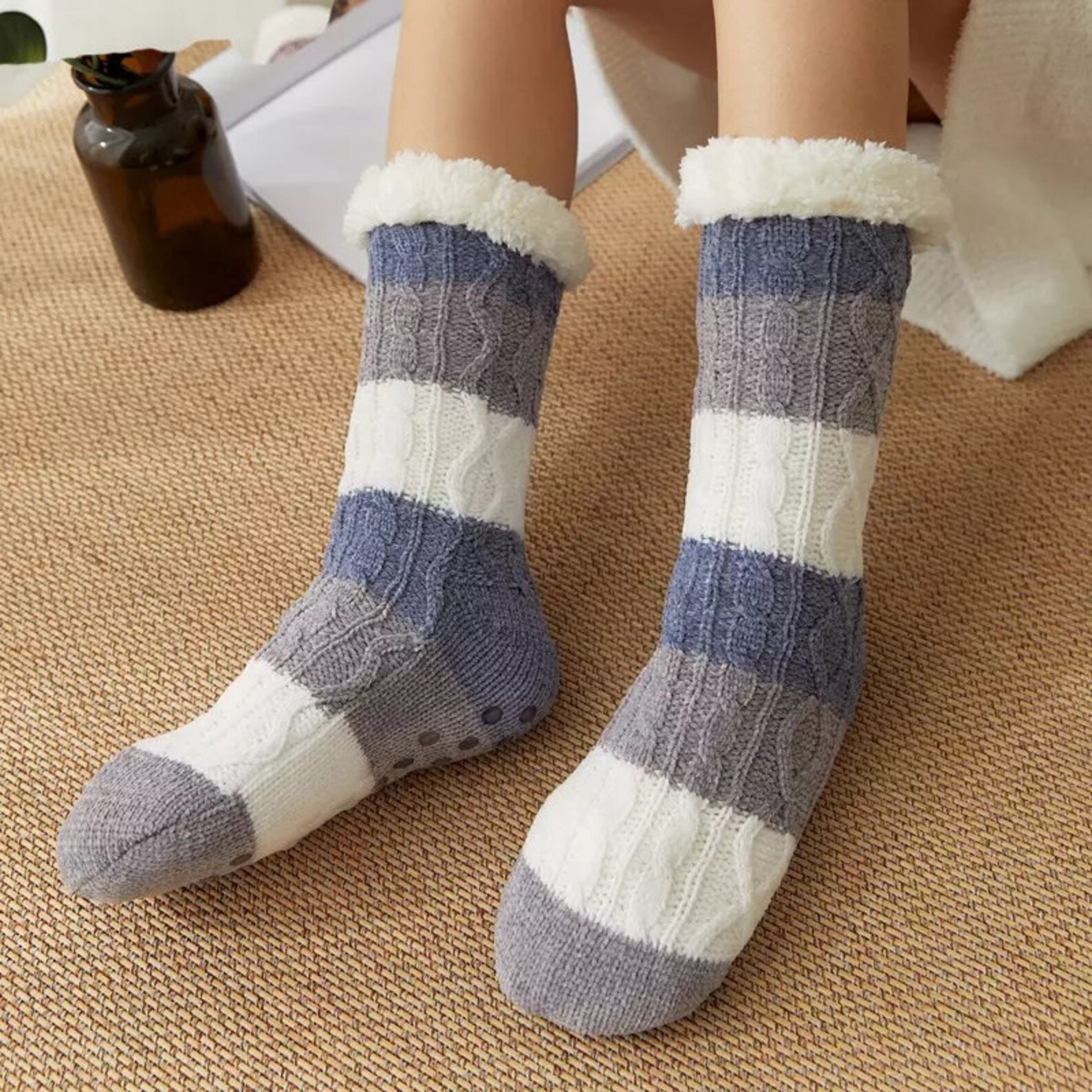 Personalised Cable Knit Slipper Socks With Fluffy Sherpa Lining and Rubber Soles, Monogrammed