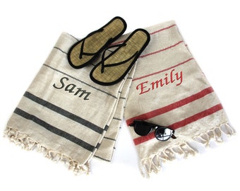 Couple Beach Towels, Mr and Mrs Towels, Linen/Cotton blanket, Honeymoon Gift, Beach Wedding Gift, matching BLACK RED striped TOWELS, light