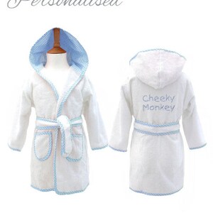 Peignoir pour enfant personnalisé en éponge avec capuche, blanc et bleu, peignoir pour fille, garçon, bordure à carreaux vichy, pyjama pour enfant, vêtements de nuit image 2