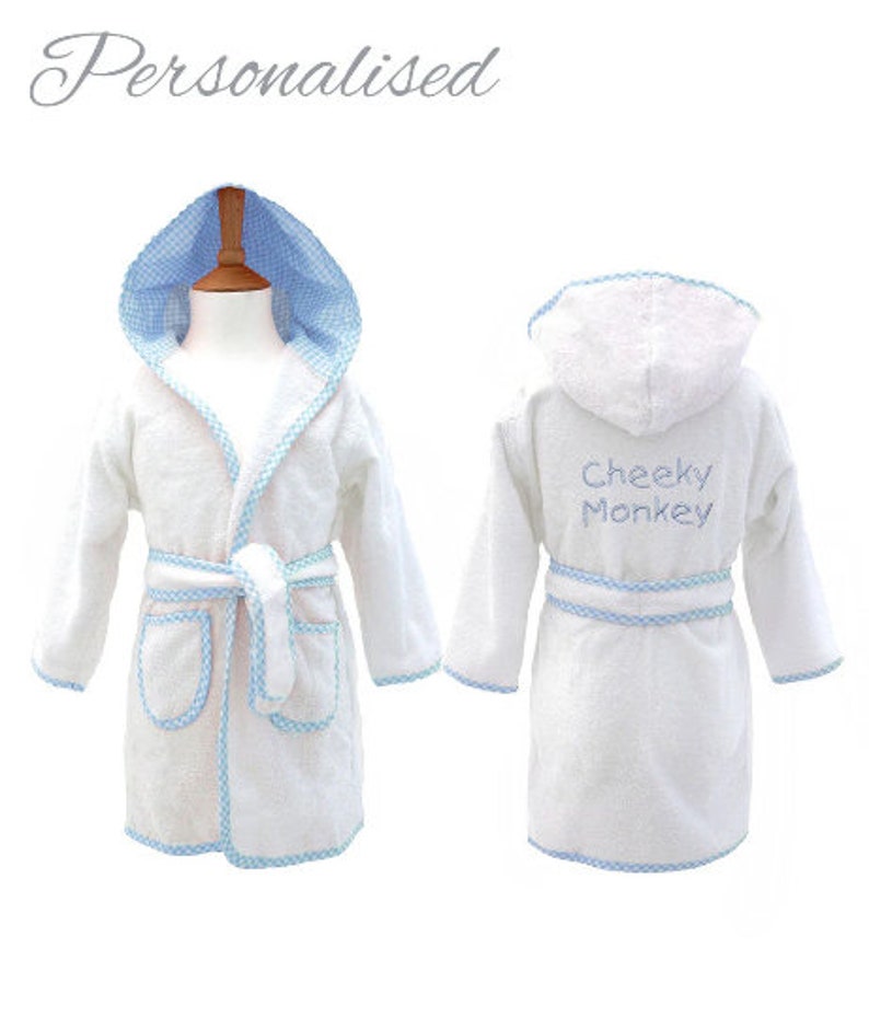 Peignoir pour enfant personnalisé en éponge avec capuche, blanc et bleu, peignoir pour fille, garçon, bordure à carreaux vichy, pyjama pour enfant, vêtements de nuit image 2