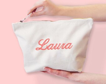 Personalised Canvas Toiletry, Makeup Bag, Embroidered with any text or names, Gifts for Friends, Holiday, Canvas Bucket Bag