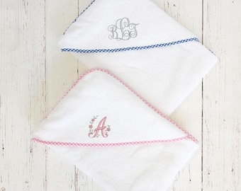Personalised Monogrammed Baby Towel, New Baby Gift in Baby Gingham Pink or Blue, with embroidered Baby Initials