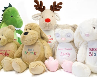 Personalisierte Teddys, große Zippie Bär Hund Eule Hase Dinosaurier Hirsch weiches Spielzeug, personalisierte Bären, personalisierte gefüllte Tier jeden TEXT