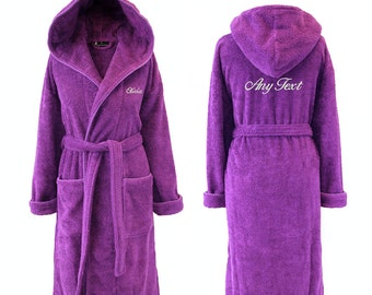 Personalised Purple Hooded Towelling Dressing Gown, Bathrobe 100% Cotton