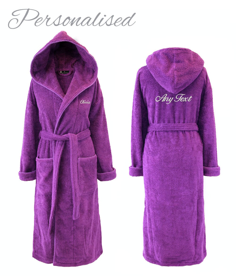 100% Cotton Terry Towelling Hooded Shawl Collar Purple Bath Robe Dressing Gown 