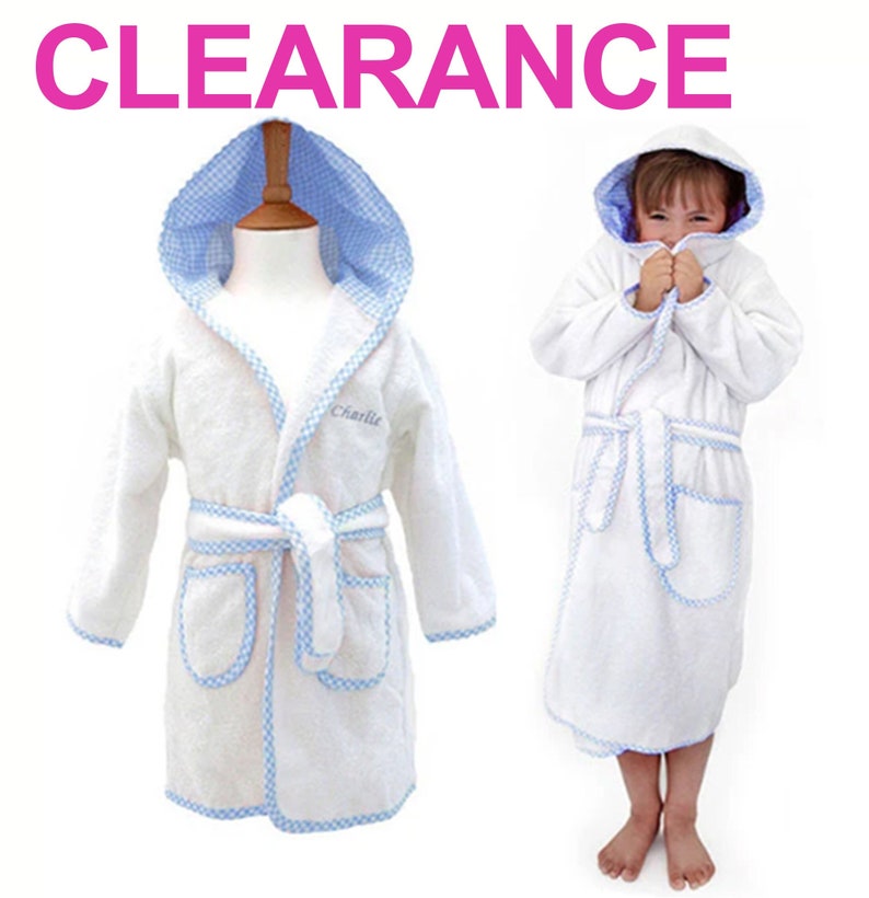 Peignoir pour enfant personnalisé en éponge avec capuche, blanc et bleu, peignoir pour fille, garçon, bordure à carreaux vichy, pyjama pour enfant, vêtements de nuit image 1