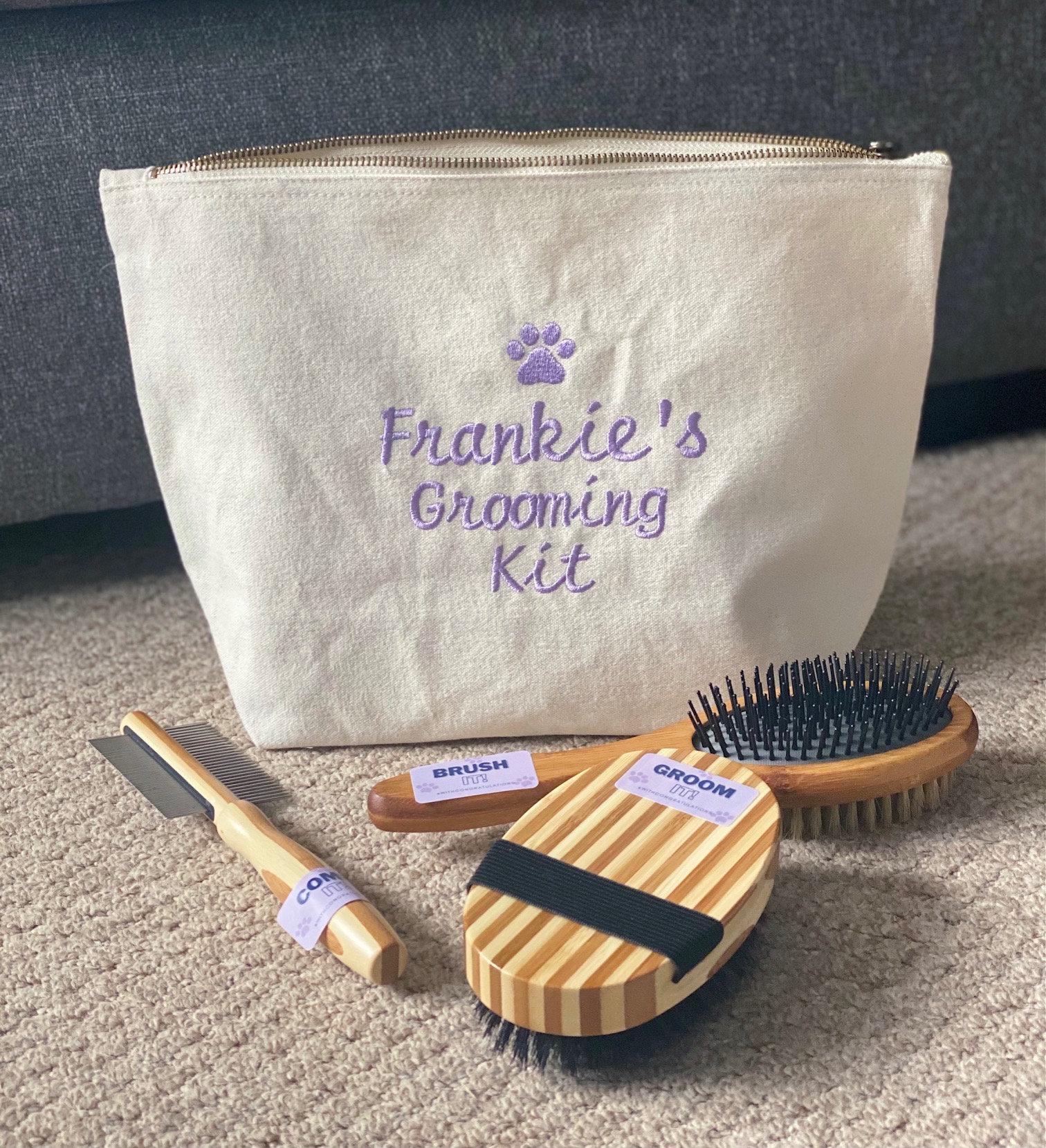 Personalised Dog Grooming Bag with Brushes, Dog Grooming Kit, Pet Grooming Storage, Dog Brush Set, Puppy Grooming Set, Dog Brush & Comb Set