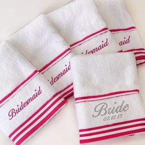 Personalised Wedding towel for Bridesmaids, Cotton Towels with Pink Stripe, Bride, Bridal Party Gift, Keepsake, Wedding Favour
