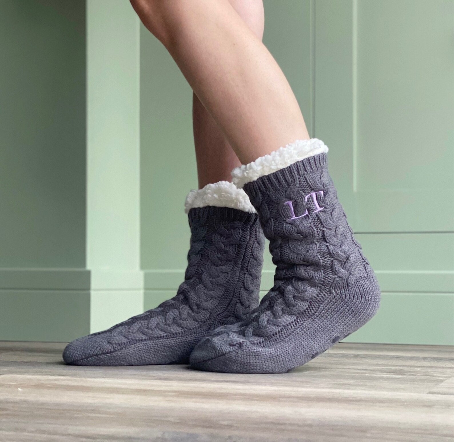 Personalised Cable Knit Slipper Socks With Fluffy Sherpa Lining and Rubber Soles, Monogrammed