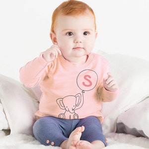 Camiseta personalizada de algodão para bebês/crianças rosa ou azul com elefante grande e letras iniciais do alfabeto