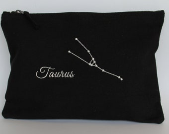 TAURUS make-up bag, pencil case, Constellation Embroidered Black Pink Bag with Metallic Zodiac Star Sign, Secret Santa Gift, Astrology