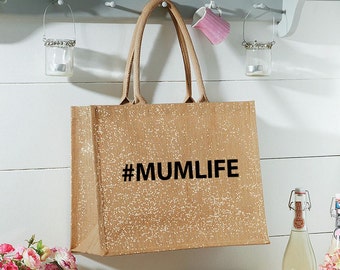 Cadeau de fête des mères, imprimé #MUMLIFE grand sac à provisions en jute robuste