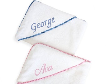 Personalized Baby Towel, New Baby Gift Baby Towel in Baby Gingham Pink or Blue, with embroidered Baby Name and Pram Logo