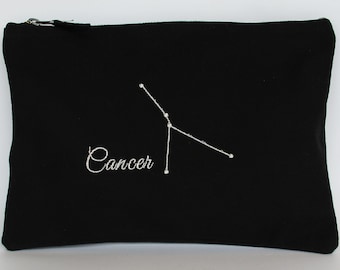 CANCER Constellation Embroidered Black or Pink Bag with Metallic Zodiac Star Sign, Secret Santa Christmas Gift, Astrology