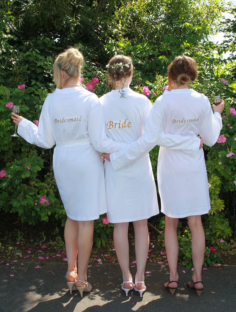 White Jersey Bridesmaid Robes, Personalised Bride Dressing Gowns, Bridesmaids Dressing Gowns, Wedding Robes, Mother of the Bride, Any Text image 1