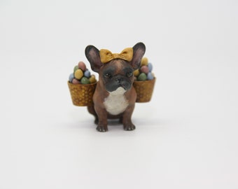 3001 Dollhouse Miniature Easter French Bulldog Puppy with filled Easter baskets (unpainted) 1:12