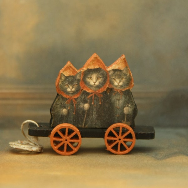 1135 Kit Dollhouse Miniature DYI Pull Trolley with Halloween Kittens 1:12