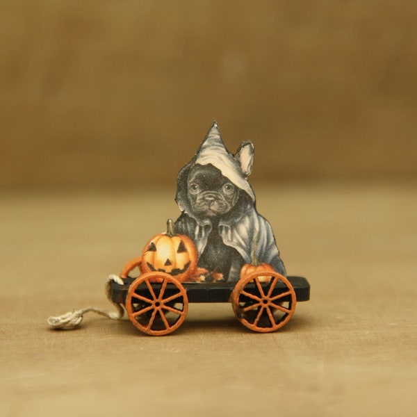 1187 Kit Dollhouse Miniature Toys Pull Trolley Halloween French Bulldog Puppy 1:12
