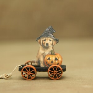 1189 Kit Dollhouse Miniature Toy Pull Trolley Halloween Golden Retriever Puppy 1:12