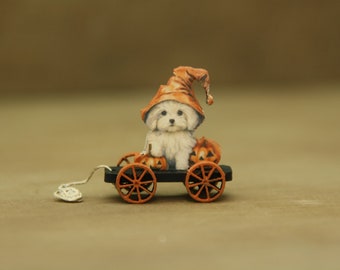 1186 Kit Dollhouse Miniature Toy Pull Trolley Halloween Maltese Puppy 1:12