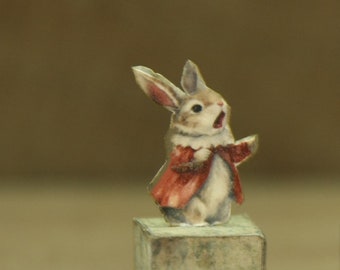 1159 Dollhouse Miniature Decoration Block Christmas Carols Singers small Hare with Rose Jacket 1:12