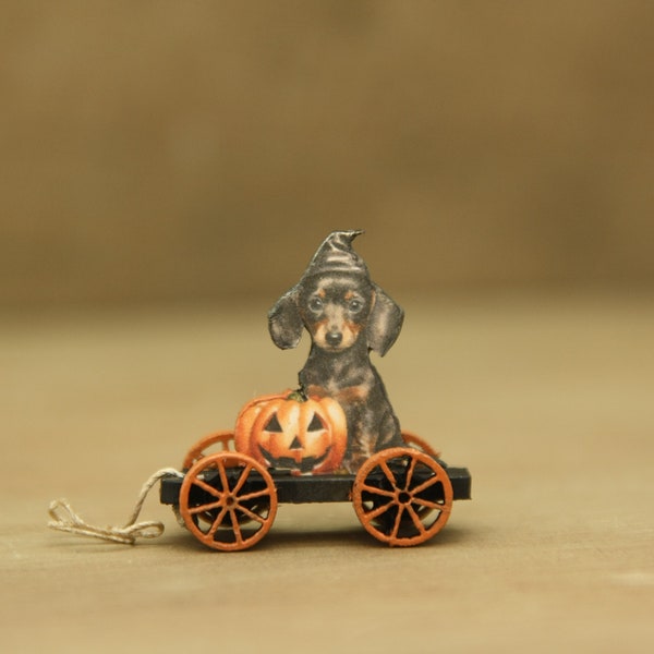 1188 Kit Poppenhuis Miniatuur Trekkarretje Halloween Teckel Puppy 1:12