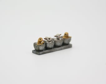 3000-2 Dollhouse Miniature Easter decoration of 4 bowls with a Duckling, a Chick, a Bunny and a Lamb (unpainted) 1:12