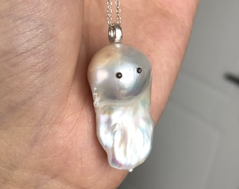 White Baroque Pearl 'Ghost' Pendant: Sterling Silver Eyes