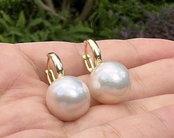 14-15mm white color Edison pearl hoop earrings,genuine freshwater pearl , round natural pearl earrings