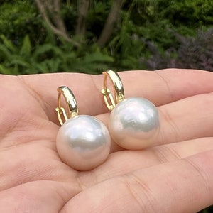 14-15mm white color Edison pearl hoop earrings,genuine freshwater pearl , round natural pearl earrings