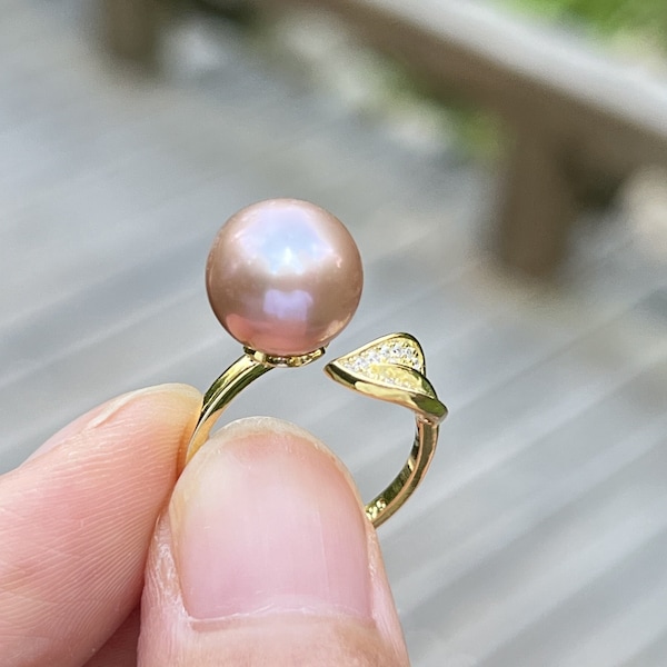10-11mm Pink color Edison pearl ring,leaf sterling silver ring