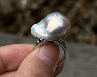 Gorgeous metallic baroque pearl ring,simple ring,pearl ring,textured sterling silver ring