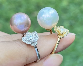 14-15mm Pink/white color Edison pearl ring,flower sterling silver ring