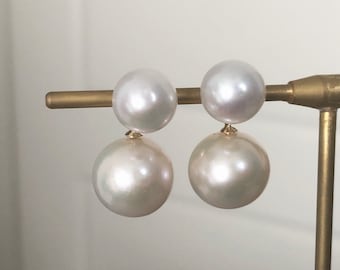 White/Pink Double pearl earrings,freshwater drop earrings,round pearl earrings