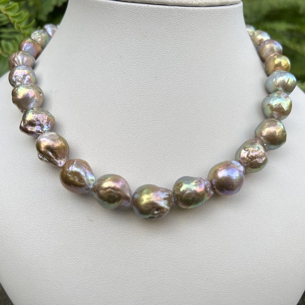 12-14mm Metallic multicolor baroque pearl necklace,Large size,Rippled baroque pearl necklace,Chinese Kasumi pearl necklace,BA04