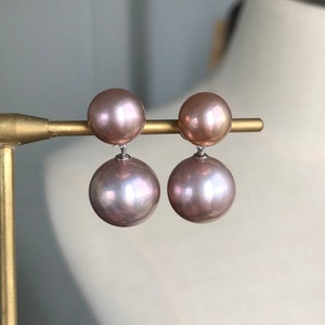 Pink Double pearl earrings,freshwater drop earrings,round pearl earrings