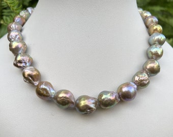 12-14mm Metallic multicolor baroque pearl necklace,Large size,Rippled baroque pearl necklace,Chinese Kasumi pearl necklace,BA04