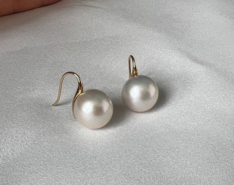 14-15mm white color Edison pearl 18k solid gold earrings,genuine freshwater pearl , round natural pearl earrings