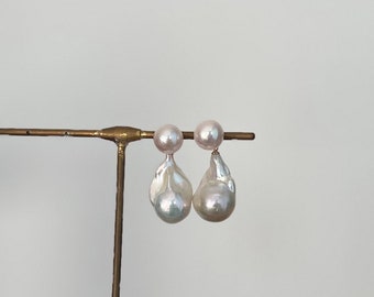 White Baroque pearl earrings with Double round pearl earrings,freshwater pearl drop earrings