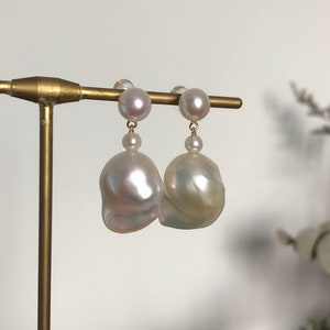 White Baroque pearl earrings with Double round pearl earrings,freshwater pearl drop earrings