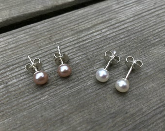 1pair White/Pink freshwater pearl studs,Small pearl studs,Pearl earrings,pearls on sterling silver,nice button pearls good idea for gift